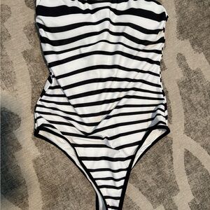 Fashion Nova Black and White Striped One Piece Swimsuit